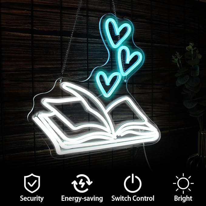 Book Neon Sign for Wall Decor, Reading Book Neon LED Light, Reading Signs for Library, Reading Corner Decor, Bookstore Reading Room Library Museum Study Room Birthday Bedroom-14"x13.7"