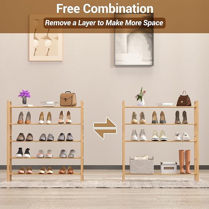 Haddockway Bamboo Shoe Rack for Closet, Free Standing Shoe Organizer with Smooth Round Rods & Convenient Handles, Stackable Shoe Storage Shelf for Entryway, Hallway(Natural, 4-Tier)
