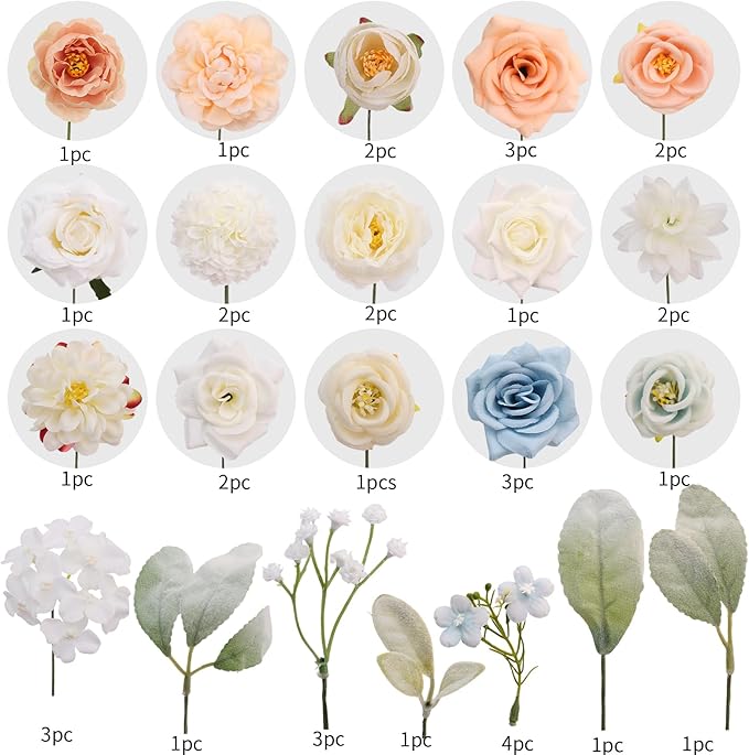 SwanMoon Artificial Flowers Combo Box Set, 36pcs Silk White Roses, Daisy & Peony with Stems for DIY Wedding Bouquets, Bridal Shower, Party Centerpieces & Home Decor