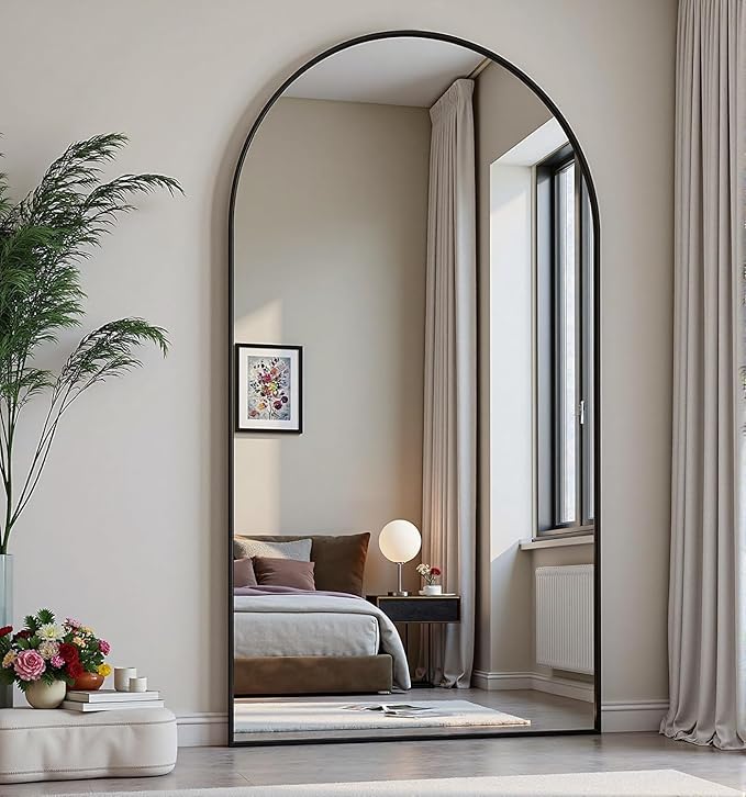 Dewfig Arched Full Length Mirror, 71"x30" Large Floor Mirror, Full Body Mirrors for Leaning or Hanging, Standing Mirrors for Bedroom, Living Room,Dressing Room, Aluminum Alloy Frame, Black