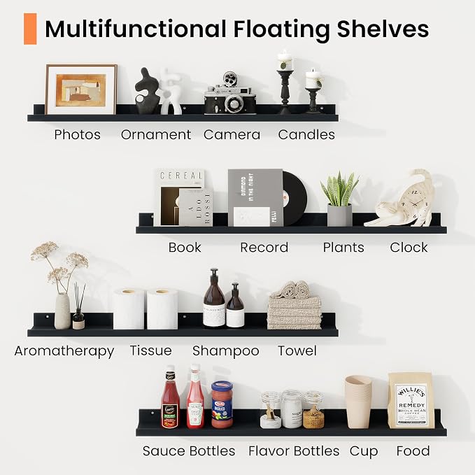 RICHFOCUS Picture Ledge Shelf, 24 inch Floating Shelves Set of 2, Wood Wall Shelves with Lip, Wall Decor Storage for Bedroom Living Room Bathroom Kitchen Nursery Photo Picture, Black