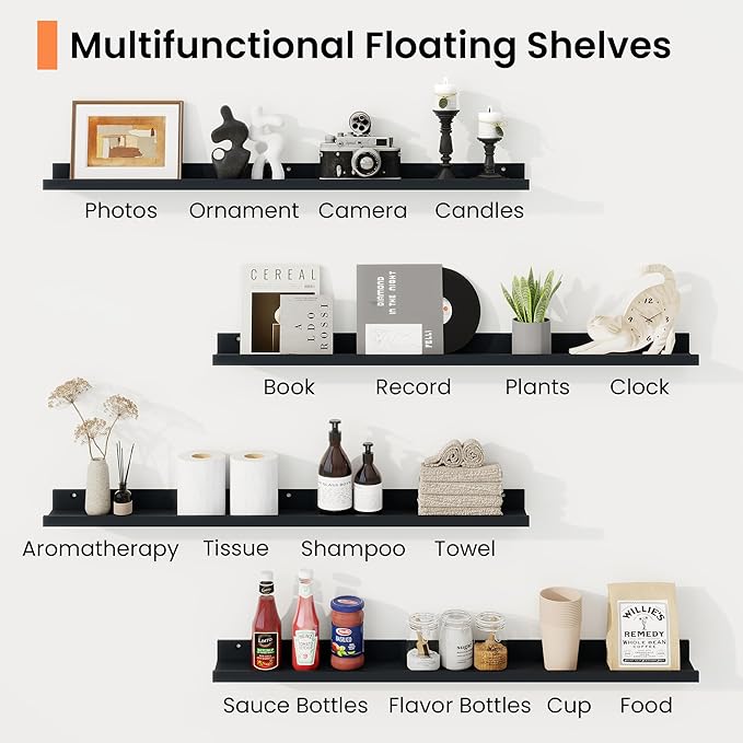 RICHFOCUS Picture Ledge Shelf, 36 inch Floating Shelves Set of 2, Wood Wall Shelves with Lip, Wall Decor Storage for Bedroom Living Room Bathroom Kitchen Nursery Photo Picture, Black