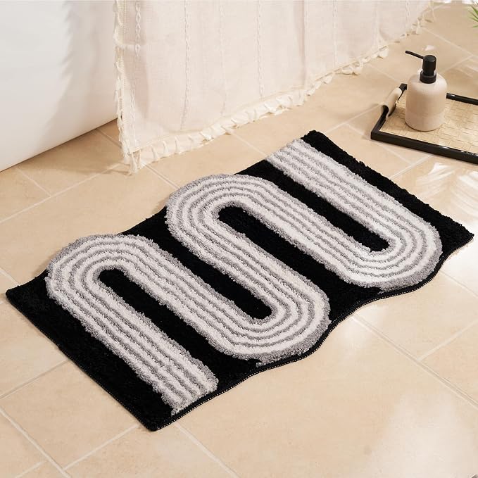 Wavy Boho Bathroom Rugs, Cute Retro Scalloped Bath Mat with Funky Geometric Design, Black Room Decor Cool, Machine Washable Soft Non-Slip Bath Rug, Black and White Bathroom Rugs, 30" x 20"