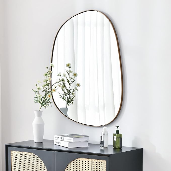 ELEHUME Asymmetrical Mirror for Wall Decor 23"*30", Modern Brass Framed Wall Mirror for Living Room Bathroom Bedroom Entryway ELE-STOU-0064G