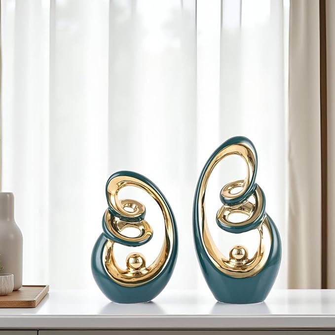 Teal Ceramic Abstract Sculpture Statue,Mid Century Modern Gold Accent Decor,Porcelain Statues Art Deco Gold Show Piece for Home - Contemporary Tv Stand End Table Centerpieces (Green Gold)