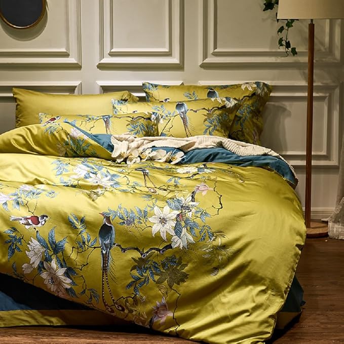 Gold Floral Duvet Cover Set King Size Garden Style Bird Flower Pattern Duvet Cover Luxury Soft Cotton Floral Comforter Cover with Zipper Closure Reversible Peacock Blue 3 Pieces Farmhouse Bedding Set