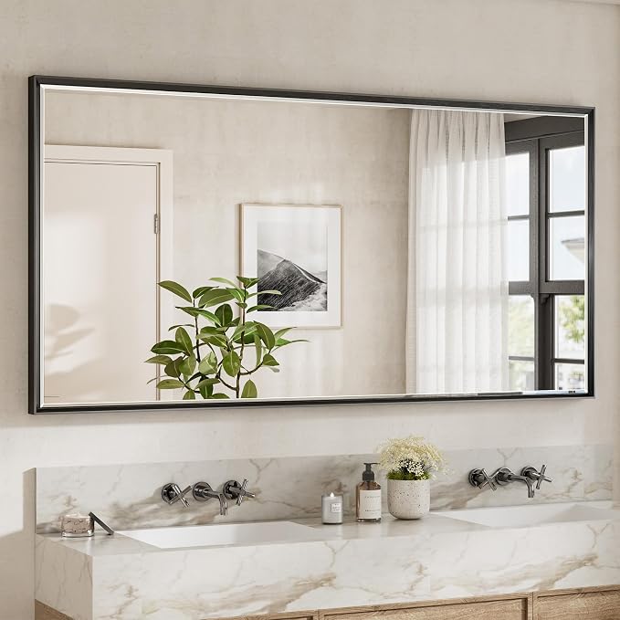 72 x 36 Black Framed Mirror for Bathroom, Beveled Black Bathroom Vanity Mirror Anti-Rust, Shatterproof Matte Black Rectangle Metal Frame Mirror, Vertical/Horizontal Large Wall-Mounted Mirrors
