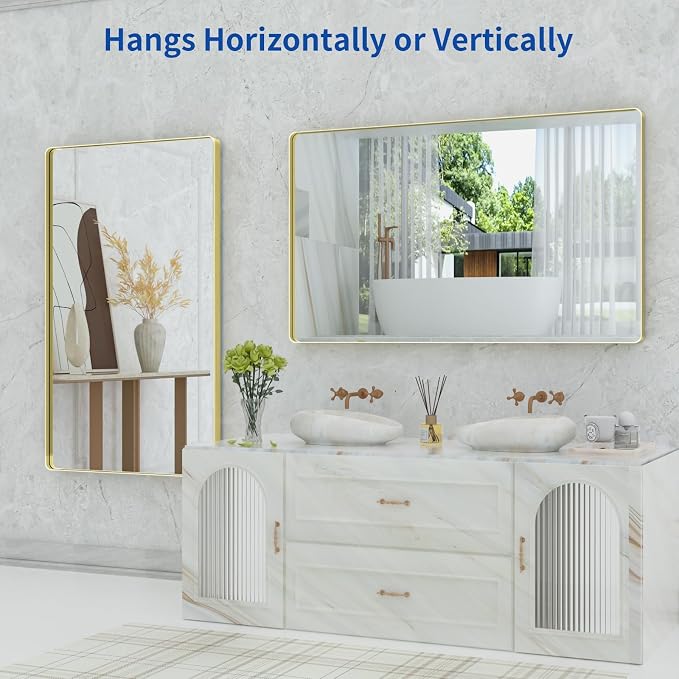 WEER Gold Bathroom Mirror, 60x30 Inch Brushed Gold Metal Frame, Rounded Rectangle Vanity Mirror for Wall, Tempered Glass, Anti-Rust, Hangs Horizontally or Vertically