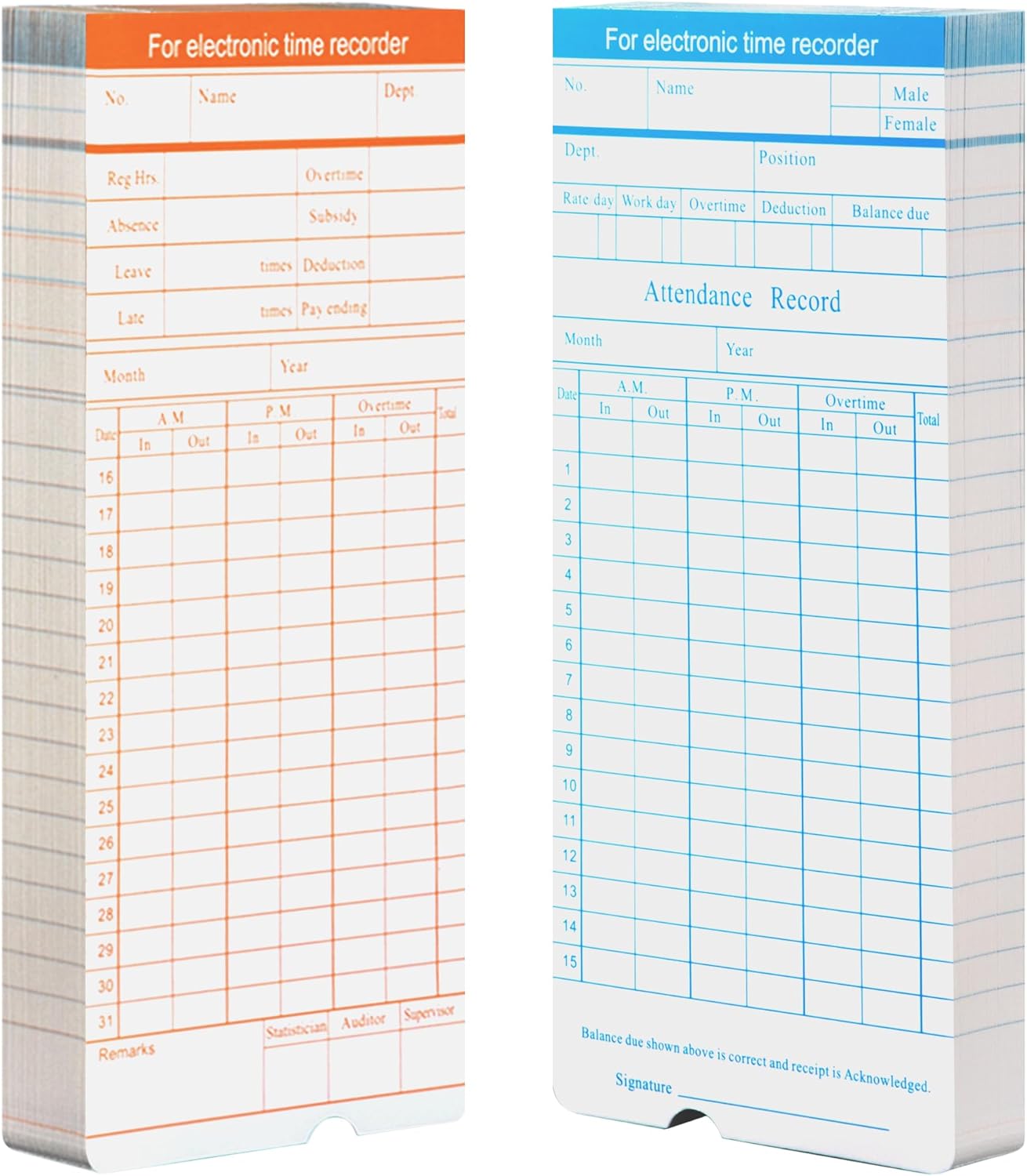 Volcora Time Cards - 100 Pack Two-Sided Timecards for Employees | 7.4 x 3.4 Inches, Overtime Tracking