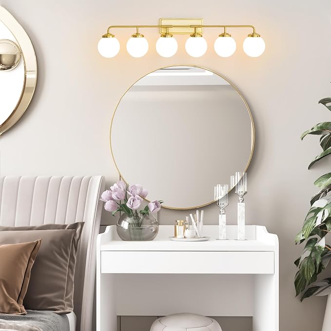 Bathroom Light Fixtures Gold Vanity Lights Over Mirror, Modern Wall Sconce Lighting 6-Light with White Glass Globe Shade