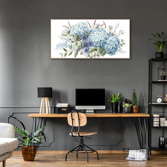 VEAEE Framed Flowers Canvas Wall Art - Blue Floral Canvas Pictures, Living Room Wall Decor, Blue Hydrangea Botanical Canvas Prints Painting Abstract Artwork Bedroom Office Home Decor 20"x 40"