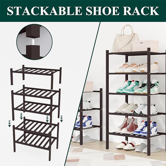 Smiry Shoe Rack, 4 Tier Small Bamboo Shoe Organizer, Stackable Free Standing Wooden Shoe Storage Shelf for Closet, Entryway, Front Door Entrance, Brown