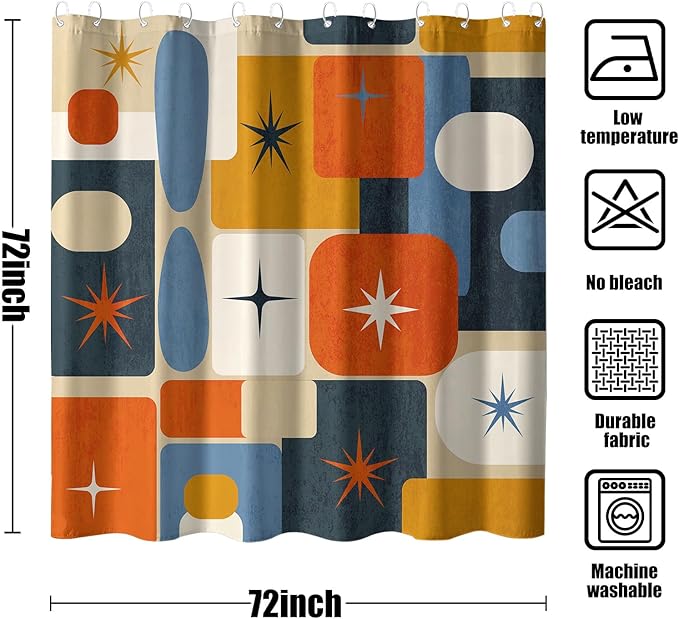 Mid-Century Modern Geometric Shower Curtain, Retro 1950s Atomic Starburst & Abstract Shapes, Vintage Orange Navy Blue Mustard Yellow Aesthetic Bathroom Decor, Waterproof Fabric, 72x72 Inch.