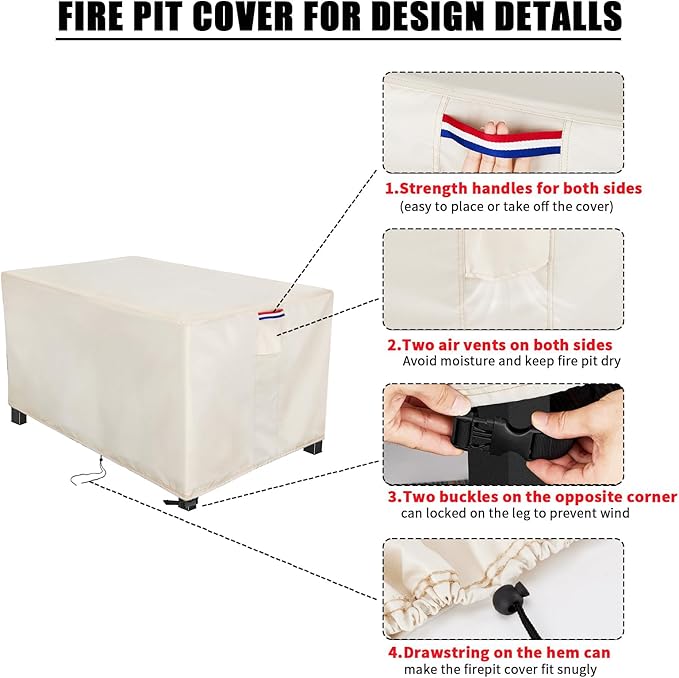 Youlvy Fire Pit Cover Rectangular 58 Inch - Waterproof Outdoor Fire Table Cover Rectangle Heavy Duty, 600D Patio Propane Gas Firepit Cover Rectangular Tear Weather Resistant - 58 x 36 x 27 Inch Beige