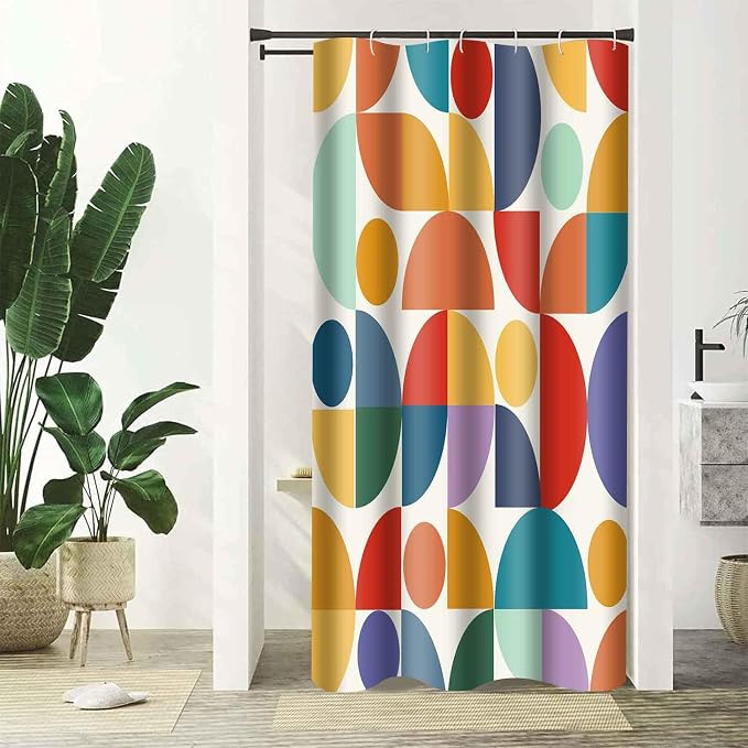 Vintage Colorful Rainbow Mid Century Shower Curtain Modern Abstract Geometric Art Bathroom Curtain Decor 36x72 Inch Washable Fabric Bright Retro Boho Circle Patterned Bath Curtain with 6 Hooks