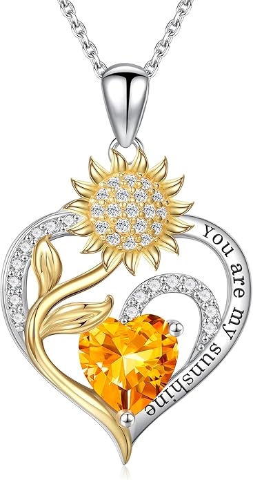 Iefil Christmas Gifts for Women Wife - Sunflower Birthstone Necklace for Women, Anniversary Birthday Gifts 925 Sterling Silver Heart Pendant You Are My Sunshine Jewelry for Girlfriend Mom Daughter