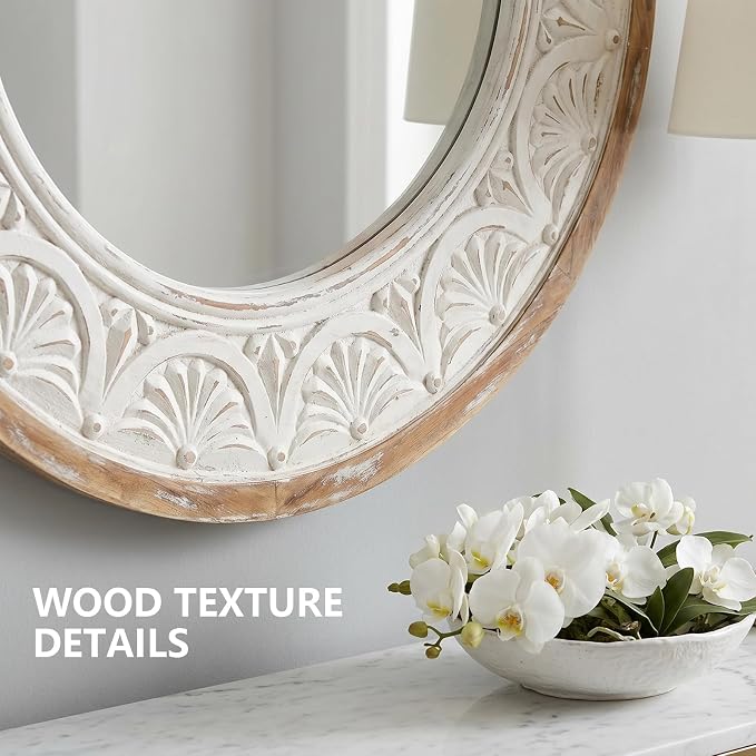 H HOMEWINS Rustic Round Mirror, 24" Wooden Circle Farmhouse Wall-Mounted Nature Beads Decor Mirror for Bedroom, Bathroom, Living Room,Vanity