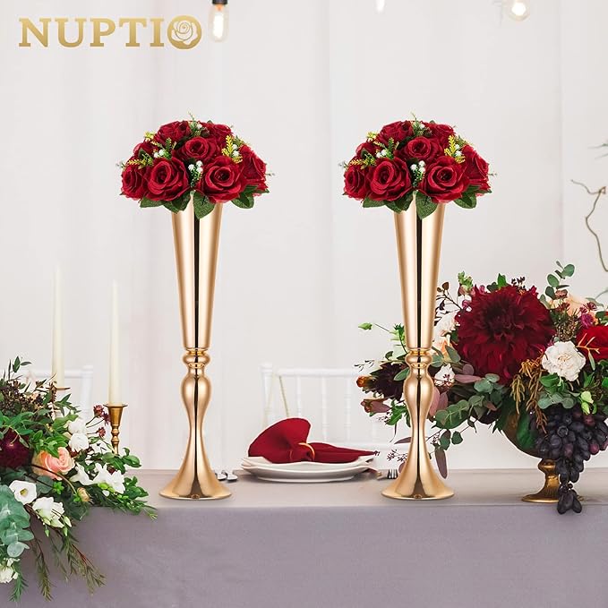 NUPTIO Flower Wedding Centrepieces for Tables - 10 Pcs 9.5in Diameter Crimson Artificial Flowers Rose Ball for Centerpieces Table - Fake Rose Arrangements for Weddings Birthday Party Decor