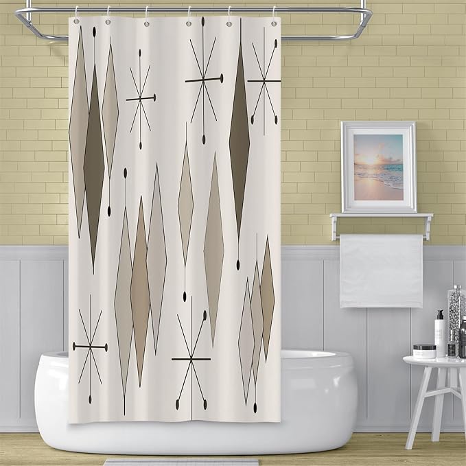 Boho Light Grey Brown Shower Curtain Abstract Mid Century Diamond Geometric Atomic Starburst Pattern Beige for 1950s Retro Bathroom Decor Shower Curtain Set with 12 Hooks, 36x72 Inches