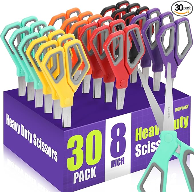 BURVAGY 30Pack 8" Scissors All Purpose, Heavy Duty Scissors with Ultra Sharp Blades Comfort Grip Handles - For Office Home School Sewing Fabric Crafts, High/Middle School Student Teacher Scissor