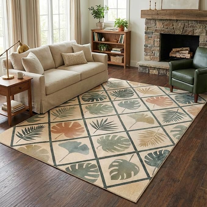 5x7 Area Rug for Living Room，Sage Green Modern Abstract Diamond Leaf Rug Non-Slip Washable Bedroom Dining Room