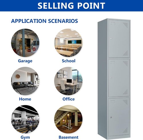 BYNSOE Metal Locker Cabinet - 3-Door Design for Employees, Schools & Gyms - Grey, Assembly Required