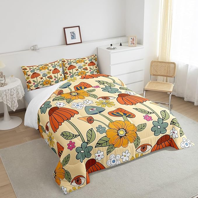 Castle Fairy Retro Flowers Bedding Set King Size,70s Floral Mushroom Comforter Set Room Decor for Couple,Art Hippie Plant Eye Print Microfiber Down Comforter,2 Pillowcases