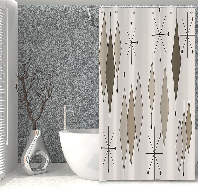 Boho Light Grey Brown Shower Curtain Abstract Mid Century Diamond Geometric Atomic Starburst Pattern Beige for 1950s Retro Bathroom Decor Shower Curtain Set with 12 Hooks, 36x72 Inches
