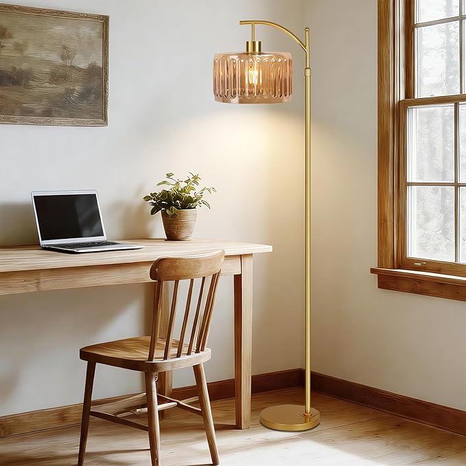 QIYIZM Glass Floor Lamp for Living Room,Bedroom,Gold Dimmable Standing Lamp with Remote,Mid Century Modern Brass Tall Lamp Boho Vintage Retro Floor Lamps Arc Amber Flower Floor Light Lamp Bohemian
