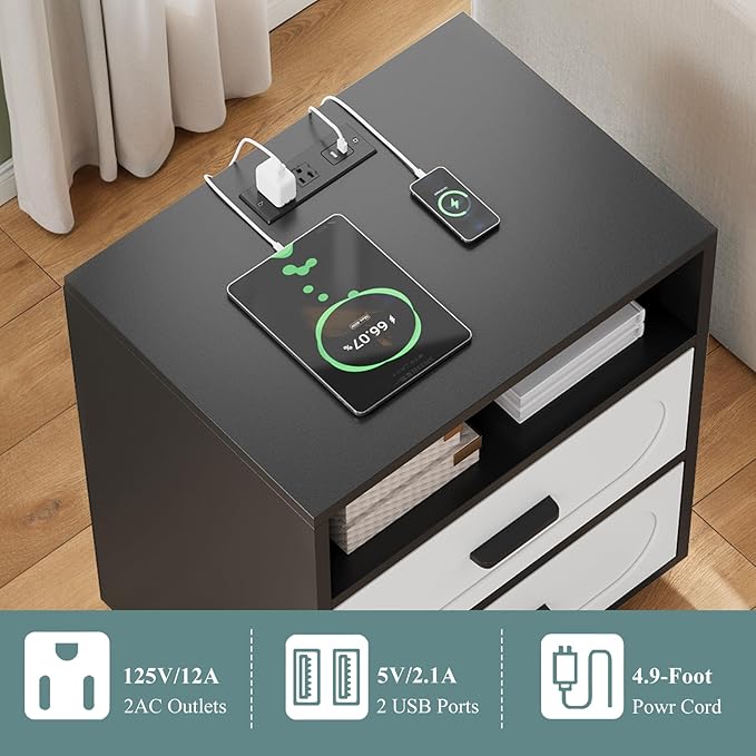 26" Tall Modern Nightstand with Charging Station, White End Table with 2 Drawers Storage, Space-Saving Wood Storage Cabinet with Unique Base Design, Bedside Table for Bedroom, Living Room