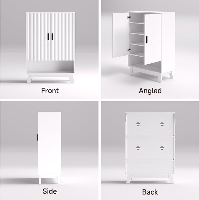 BOXACTION 4-Tier Fluted Shoe Cabinet with 2 Doors & Open Shelf, Mid Century Modern Shoe Storage Organizer with Adjustable Shelves, Metal Handles & Wood Legs, Hidden Shoe Rack for Entryway, Hallway