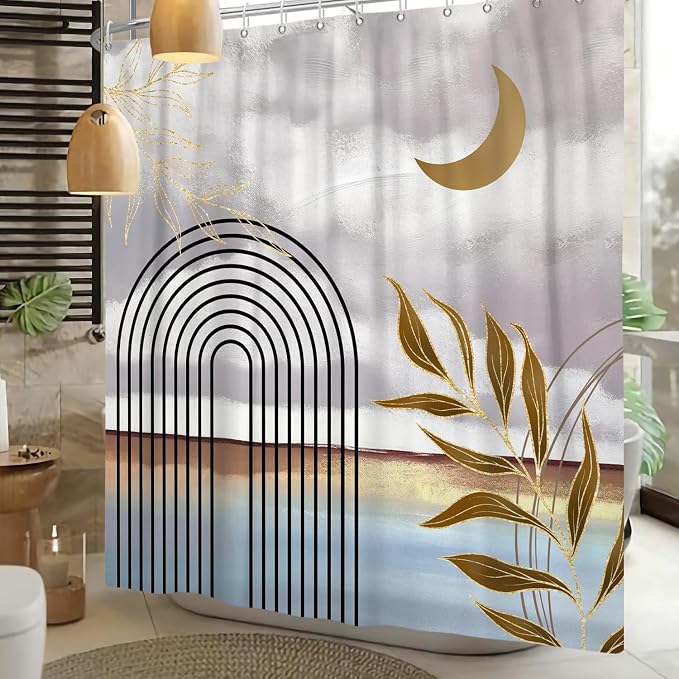 Mid Century Boho Shower Curtain Abstract Modern Minimalist Geometric Arch Bathroom Curtain Gold Leaves Aesthetic Waterproof Bath Decor Polyester Fabric with Hooks 72x78 inch