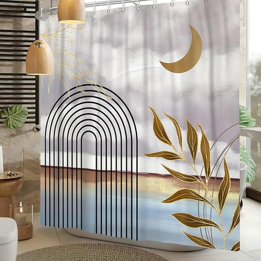 Mid Century Boho Shower Curtain Abstract Modern Minimalist Geometric Arch Bathroom Curtain Gold Leaves Aesthetic Waterproof Bath Decor Polyester Fabric with Hooks 72x78 inch