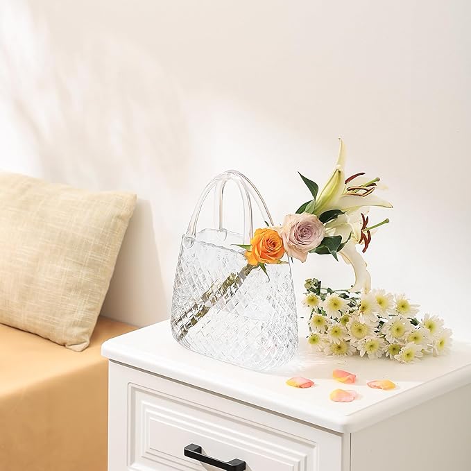 Purse Vase, Glass Bag Vase, Glass Purse Vase for Flowers, Clear Vases, 12 Inch Large Flower Vase with Embossed Pattern for Wedding, Living Room, Bedroom, Table, Office(Round)