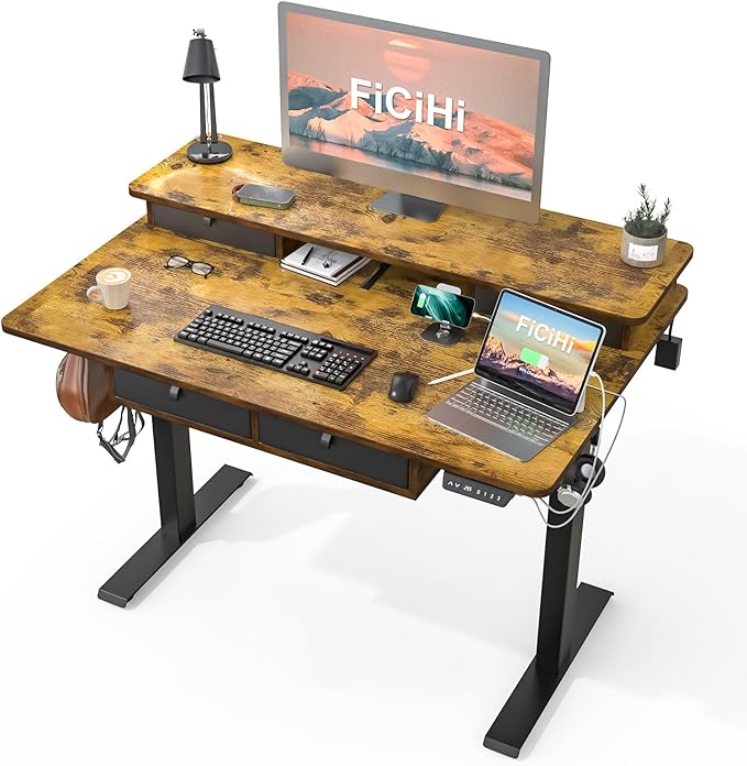 FiCiHi Adjustable Height Standing Desk with 4 Drawers,48 x 30 inches Electric Sit Stand Home Office Desk with Two Tiers, 3 Memory Presets, Monitor Stand Riser, USB A/C Charging Port
