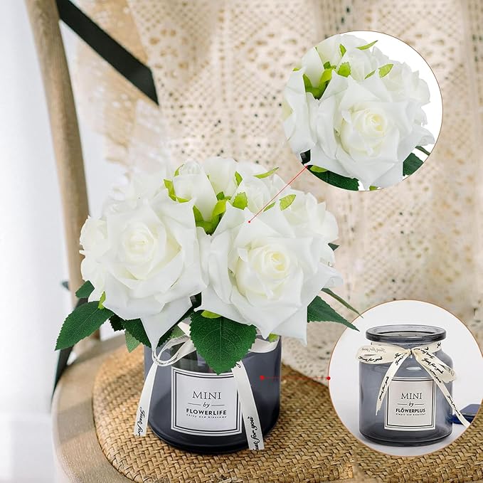 XIAYAN Artificial Flower and Glass vase, Silk Rose Flower Glass Bottle Set, Suitable for Living Room, Dining Table, Office, Wedding, Hotel Banquet and Family Decoration. (White)………