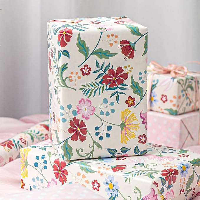Merture Floral Wrapping Paper Roll with Pink Polka Dots Reverse- 17 In X 32.8 Ft(46.5 sqft) Vintage Warm Flower Design Gift Wrap for Mothers Day, Valentines Day, Birthday, Wedding, Anniversary
