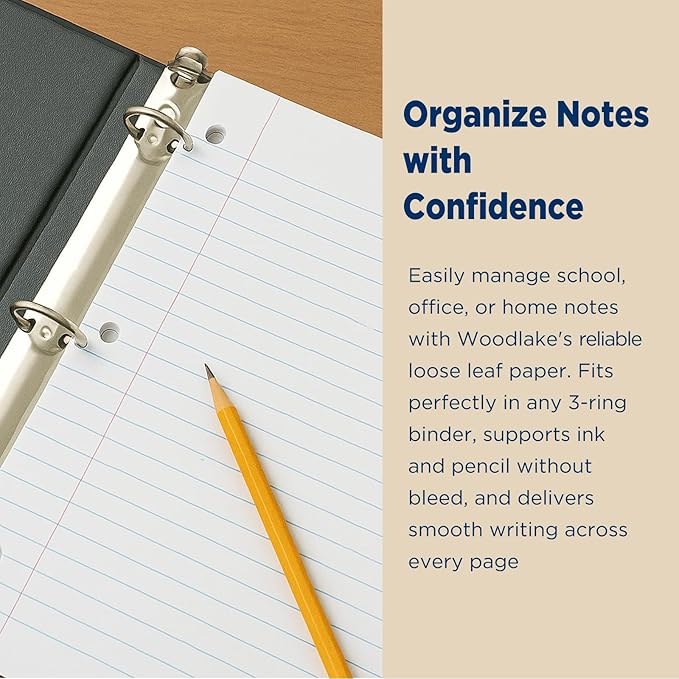 Woodlake Loose Leaf Paper, Wide Ruled Notebook Paper, 8 x 10.5”, 150 Sheets per Pack, 3 Pack Bulk Lined Filler Paper, 3 Hole Punched, 60gsm, Made in USA