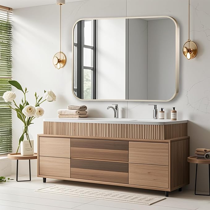 40x30 Inch Brushed Nickel Bathroom Mirror, Framed Rectangle Mirror with Rounded Corner, Brushed Mirror, Silver Bathroom Mirror for Over Sink, Vanity, Living Room, Bedroom, Horizontal/Vertical