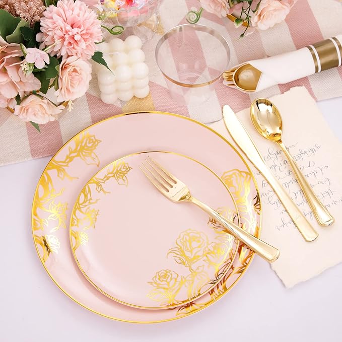 DaYammi 210Pcs Pink Gold Plastic Plates Floral Plates,Pink Disposable Dinnerware Set Includes 60 pink Plate,30 gold Plastic Silverware,30 Per Rolled Napkins,30 plastic Cups,Christmas plates for Party