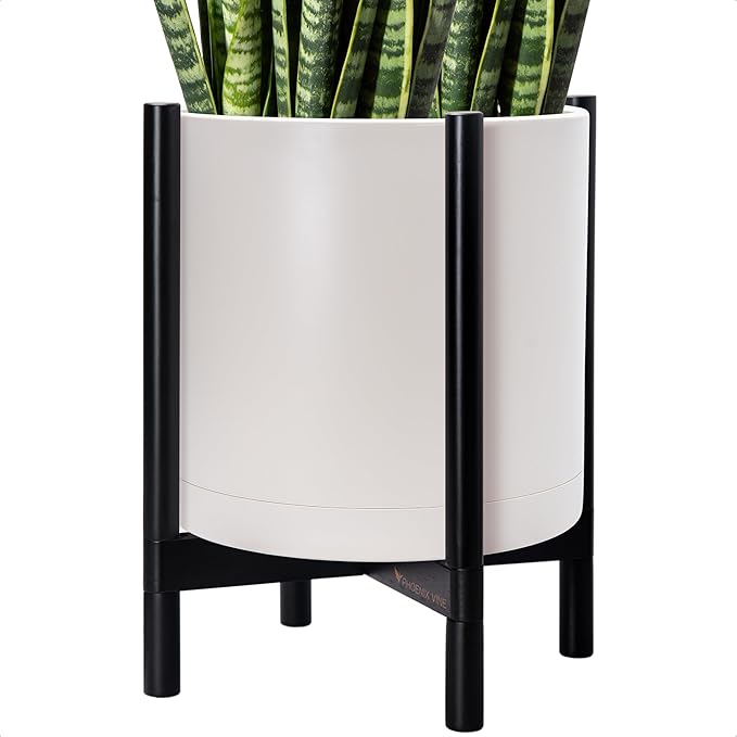D'vine Dev Planter Pot with Stand - 16 Inch Plastic Cylinder Flower Pot with Wood Planter Holder for Indoor, Oatmeal Pot + Ebony Stand, 55-C-Z-4