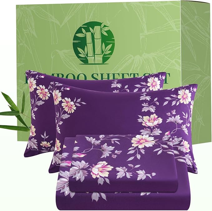 Bedlifes Twin Floral 3-Piece Sheet Set - Cooling Sheets Blend Rayon Derived from Bamboo,Soft & Breathable, Deep Pocket 16", Wrinkle Resistant - Vibrant Boho Floral Dark Purple