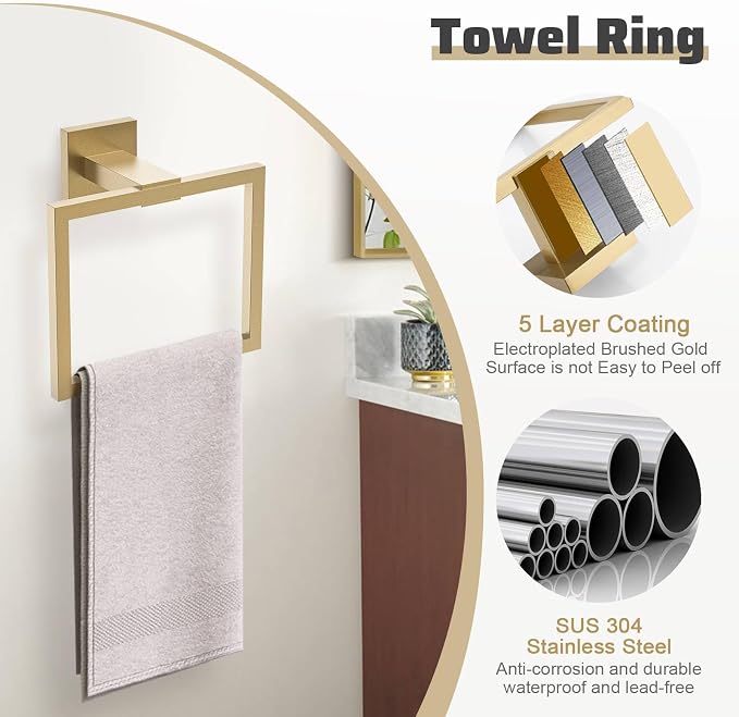 5-Piece Towel Bar Set Brushed Gold Bathroom Hardware Accessories Set Includes Upgraded Double Base Toilet Paper Holder,Modern Square Towel Holder Set Stainless Steel Wall Mount 23.6 Inch