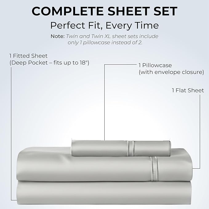 100% Natural Cotton Bed Sheets | 500 TC Single-Ply Sateen Weave Twin XL Sheets | Soft, Breathable, Hypoallergenic Solid 3-Piece Bedding with Deep Pocket Fitted, Flat, Pillowcase | Grey
