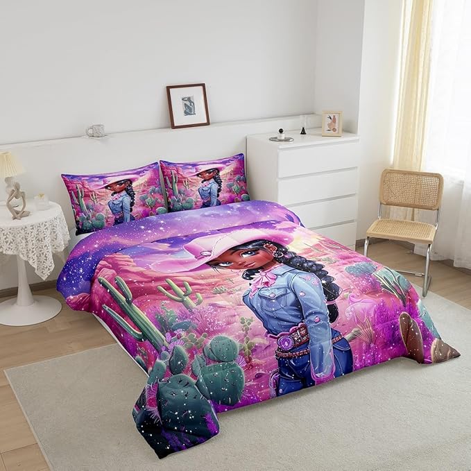 Western Cowgirl Comforter Set Queen Size,Reversible African Style Cute Girl Print Black Bedding Set for Women Adult,Dreamy Stars Purple Galaxy Sparkling Luxury Bed Duvet Insert, 2 Pillowcases