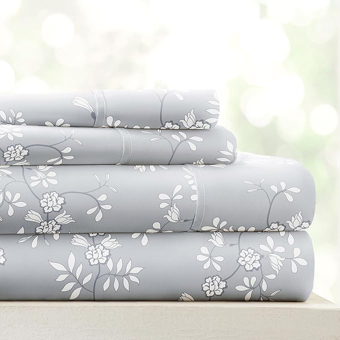 Linen Market Double-Brushed Patterned Microfiber California King Sheet Set 4 Piece – Oeko-TEX Certified Ultra Soft & Wrinkle-Free - 16" Deep Pocket Sheets Easy Care Cal-King Size - Trellis Vine Gray
