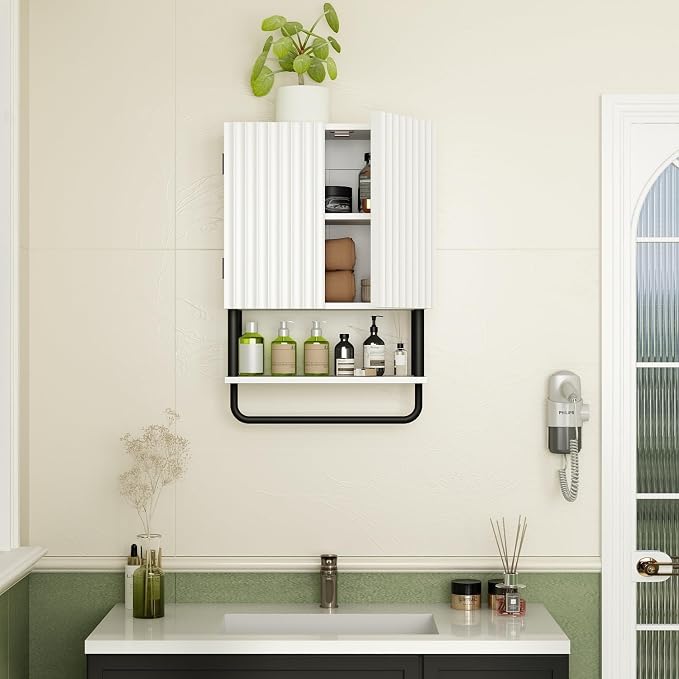 RUSTOWN Fluted Bathroom Wall Cabinet with 2 Doors, 3-Tier Modern Farmhouse Medicine Cabinet, Over The Toilet Storage Cabinet with Adjustable Shelf and Towel Bar(White, Small)