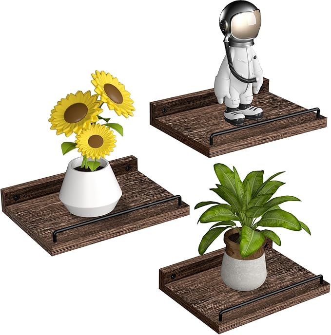 RYOFOBETTO Small Floating Shelf, 6 X 9 Inches Farmhouse Wall Shelves for Living Room, Bedroom, Picture Frames, Plants, Kitchen, Set of 3 (Brown)