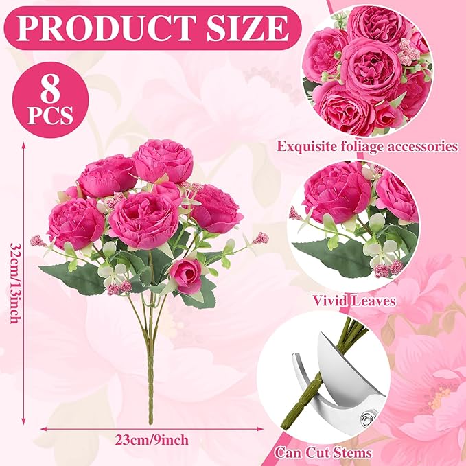 8 Pack Hot Pink Peonies Artificial Flowers, Fake Silk Hydrangea Bouquet for Bridal Wedding Home Table Decor Reusable Dining Opening Ceremony Birthday Arrangement Faux Floral