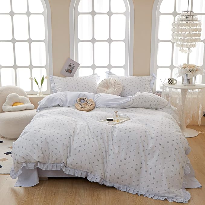 LifeTB Floral Lace Duvet Cover Queen Cute Blue Flower Duvet Cover Romantic Ruffle Comforter Cover Vintage Princess Lace Beddding Cover Botanical Floral Comforter Cover Cottagecore Bedding Set Queen